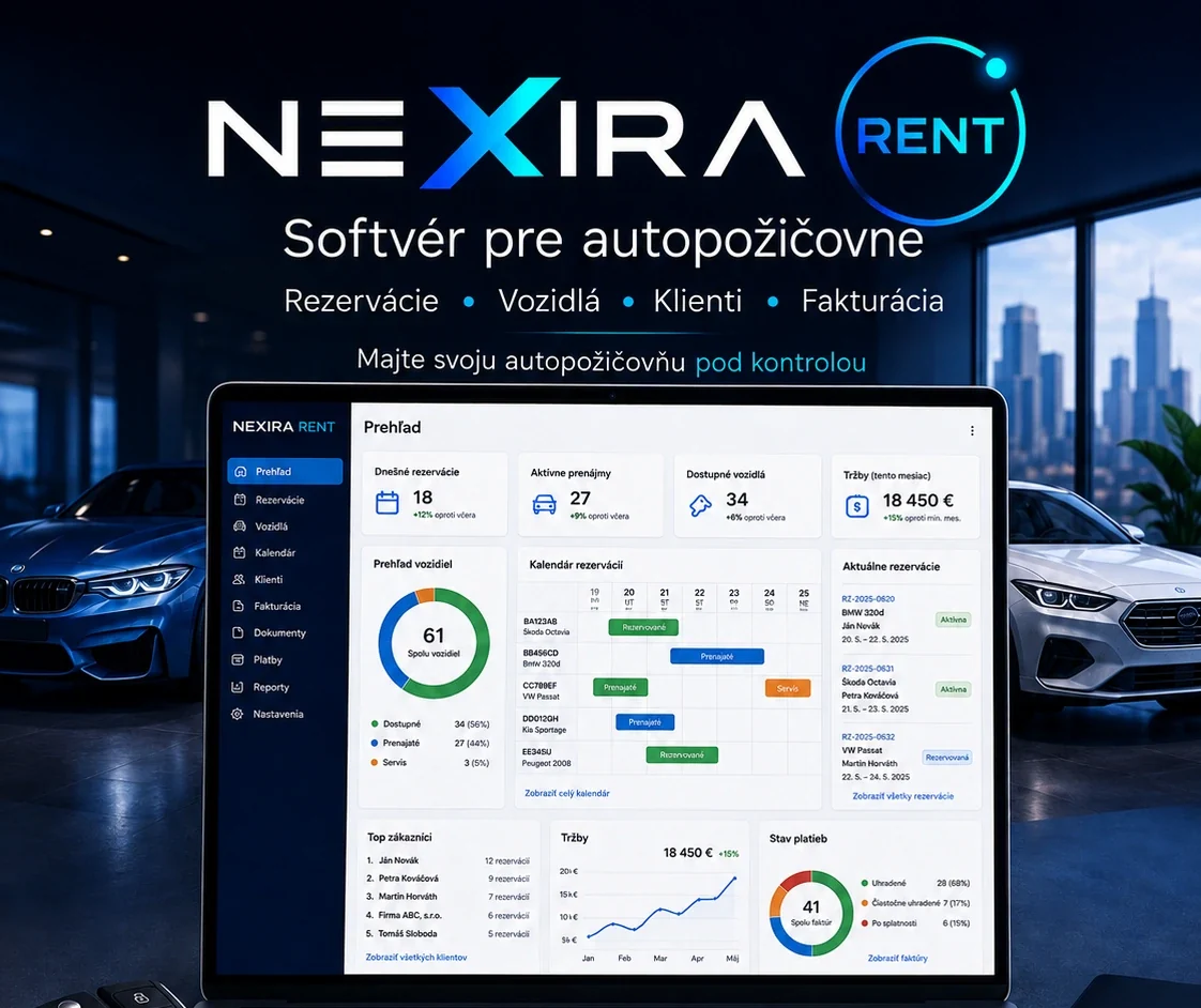 NEXIRA RENT – softvér pre autopožičovne: rezervácie, vozidlá, klienti a prehľad tržieb